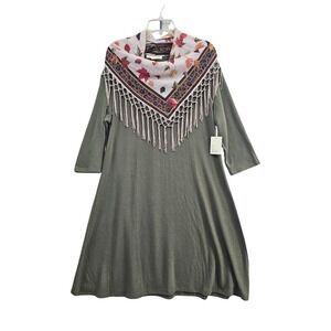 Cactus + Pearl Tunic Dress XL Olive Fall Autumn w Leaf Leopard Fringe Scarf New